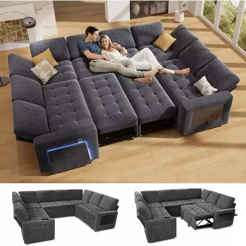 Dyonery 8 Seat U Shaped Modular Sectional Sleeper Sofa with Pull Out Bed/Reclining Backrest/USB Ports/Table/Storage, Tool-Free Assembly