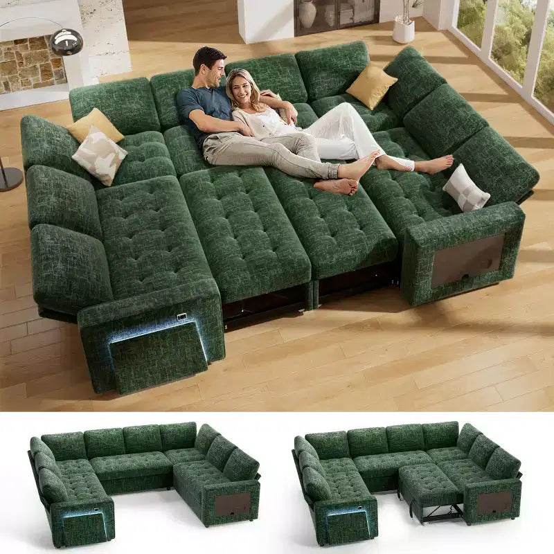 Dyonery 8 Seat U Shaped Modular Sectional Sleeper Sofa with Pull Out Bed/Reclining Backrest/USB Ports/Table/Storage, Tool-Free Assembly