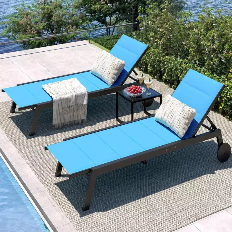 COZONY 2-Pack Patio Chaise Lounge Chairs with Side Table Outdoor Textilene Pool Loungers with Wheels and 5-Level BackrestBlue /Brown