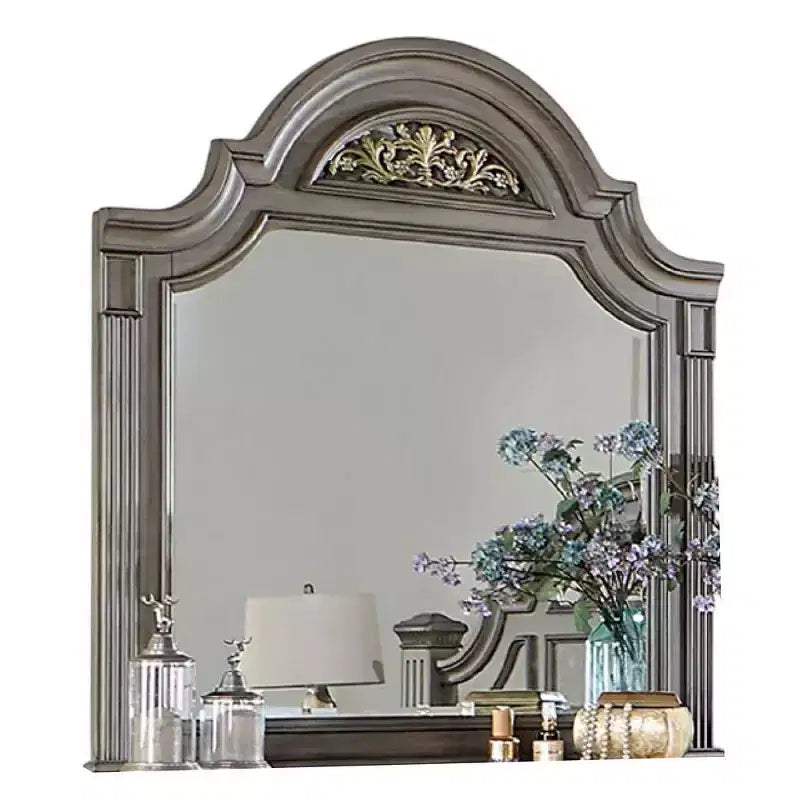 Royal Hampton Dresser Mirror, 49 Inch Floral Arched Shape, Gray Solid Wood