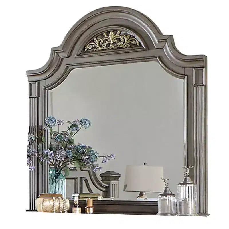 Royal Hampton Dresser Mirror, 49 Inch Floral Arched Shape, Gray Solid Wood