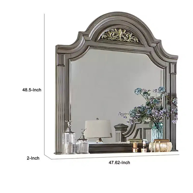 Royal Hampton Dresser Mirror, 49 Inch Floral Arched Shape, Gray Solid Wood