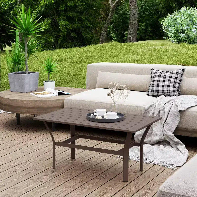 Tavolino da caffè da esterno con piano a doghe, tavolino da caffè rettangolare in metallo resistente alle intemperie per giardino