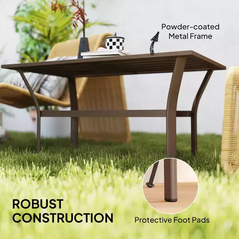 Tavolino da caffè da esterno con piano a doghe, tavolino da caffè rettangolare in metallo resistente alle intemperie per giardino