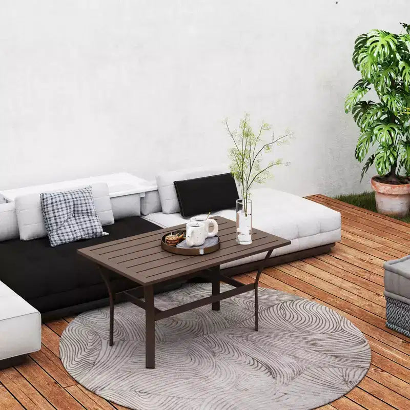 Tavolino da caffè da esterno con piano a doghe, tavolino da caffè rettangolare in metallo resistente alle intemperie per giardino