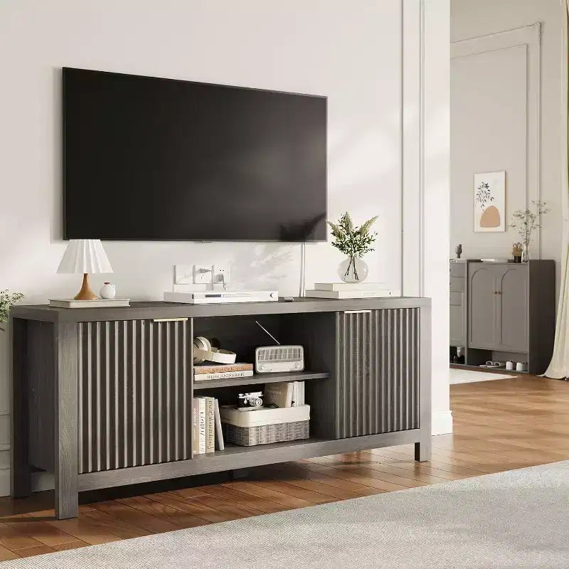 59 Wood TV Stand for TVs Up to 65 Inches, Mid Century Modern TV Entertainment Center with Storage Cabinets & Open Shelves, for Living Room