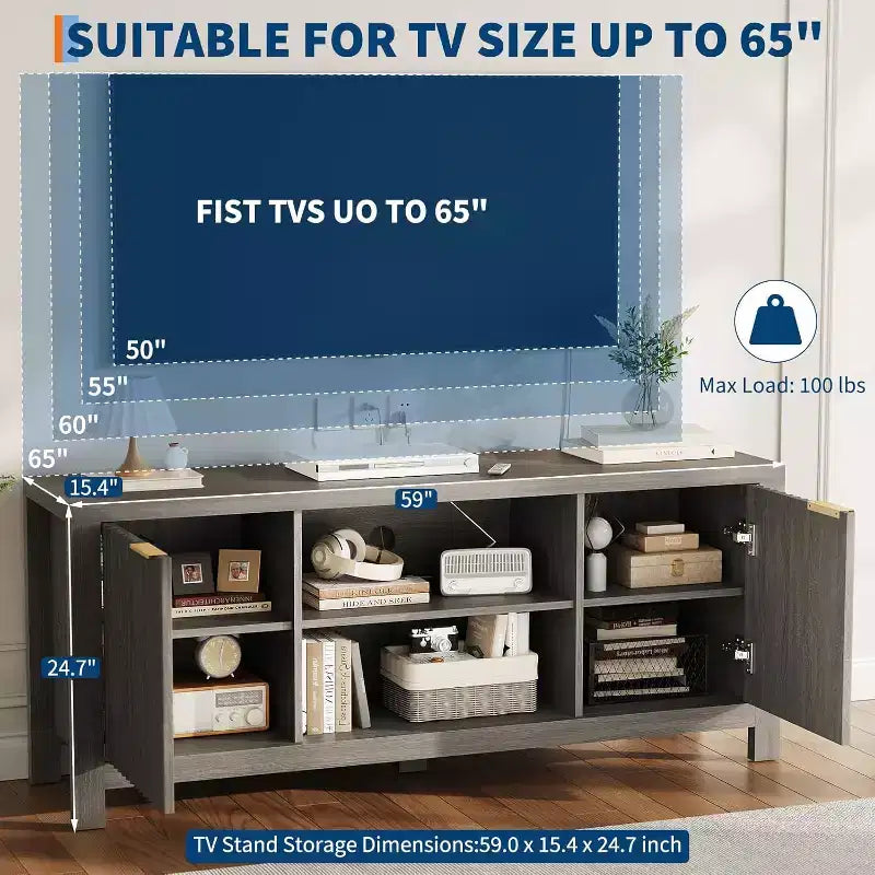 59 Wood TV Stand for TVs Up to 65 Inches, Mid Century Modern TV Entertainment Center with Storage Cabinets & Open Shelves, for Living Room