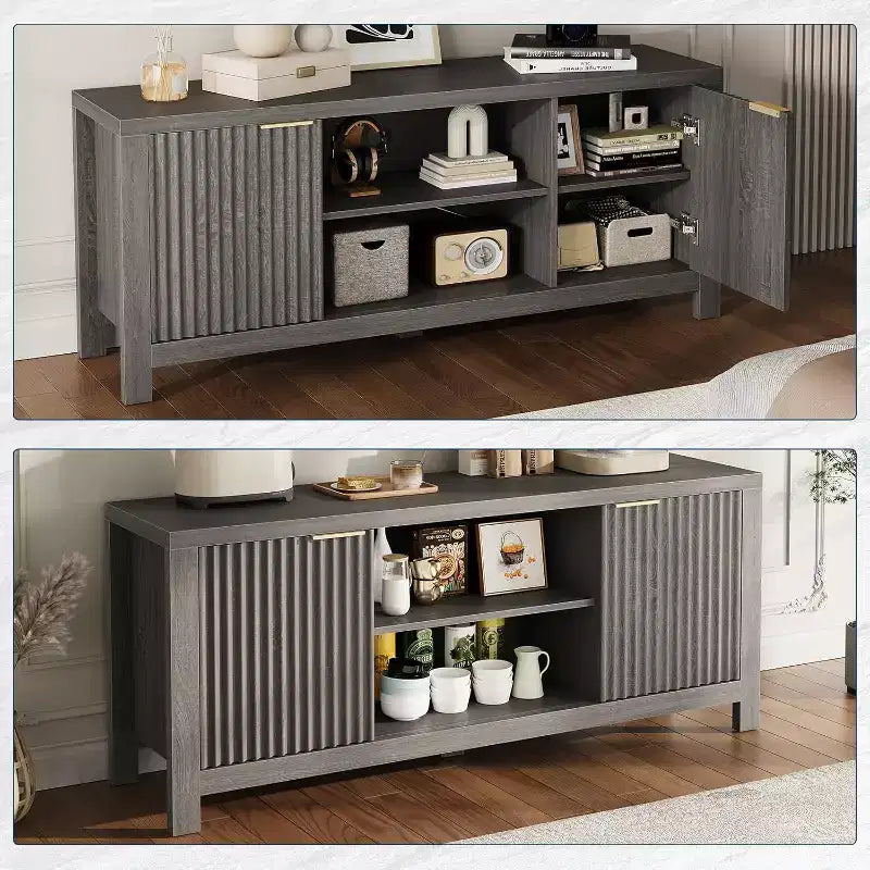 59 Wood TV Stand for TVs Up to 65 Inches, Mid Century Modern TV Entertainment Center with Storage Cabinets & Open Shelves, for Living Room