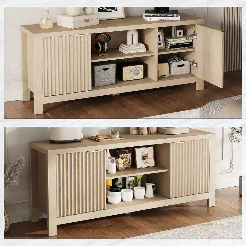 59 Wood TV Stand for TVs Up to 65 Inches, Mid Century Modern TV Entertainment Center with Storage Cabinets & Open Shelves, for Living Room