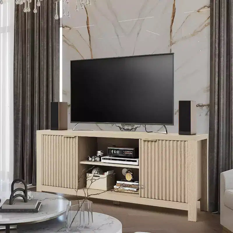 Mobile porta TV in legno da 59 pollici per TV fino a 65 pollici, mobile porta TV moderno di metà secolo con armadietti e ripiani aperti, per soggiorno