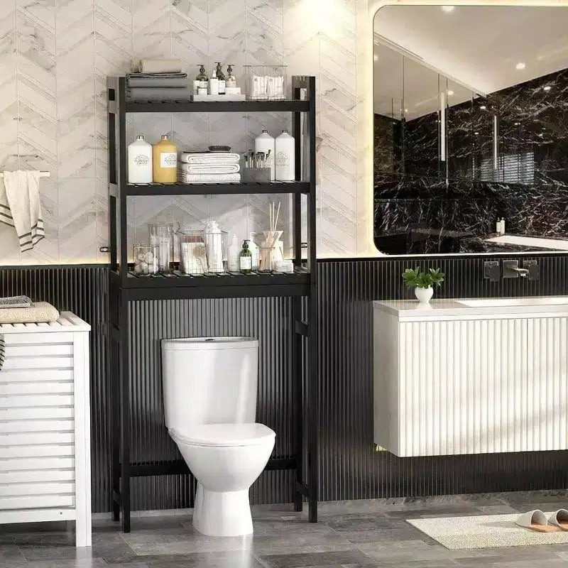 Mensola portaoggetti da bagno sopra il WC a 3 ripiani con 3 ganci, organizer autoportante, per piccoli spazi