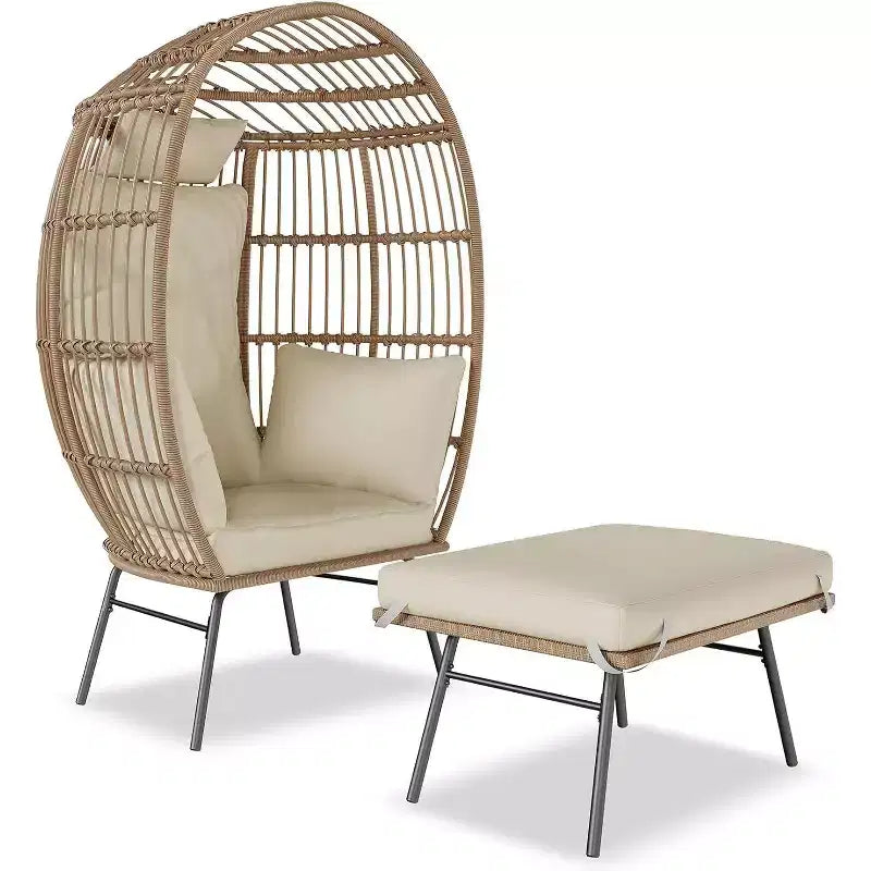Poltrona a uovo in vimini oversize con pouf e 5 cuscini, sedia lounge in rattan per interni, esterni, patio e portico