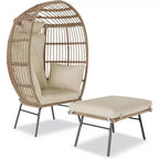 Poltrona a uovo in vimini oversize con pouf e 5 cuscini, sedia lounge in rattan per interni, esterni, patio e portico