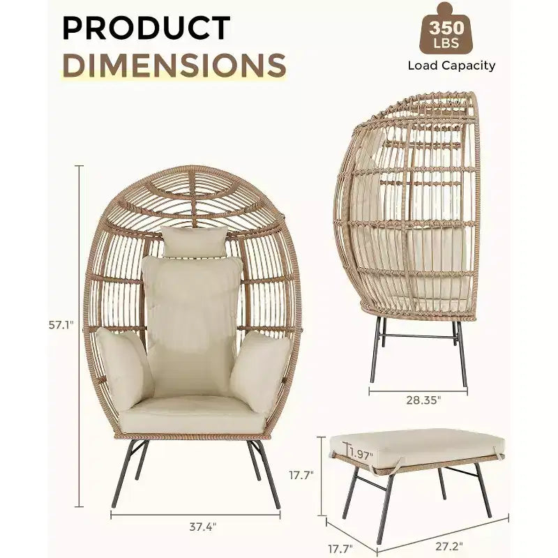 Poltrona a uovo in vimini oversize con pouf e 5 cuscini, sedia lounge in rattan per interni, esterni, patio e portico