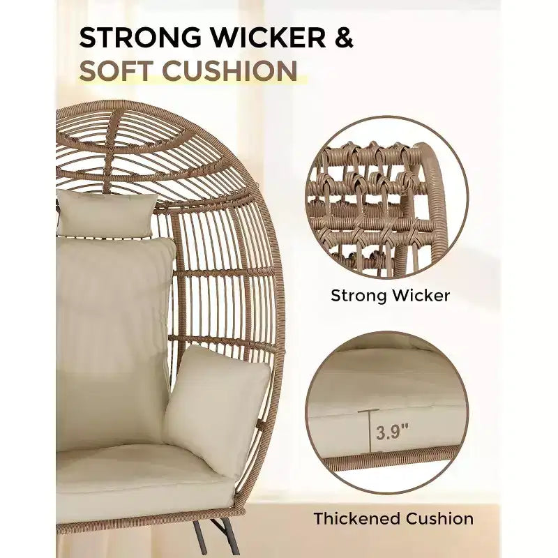 Poltrona a uovo in vimini oversize con pouf e 5 cuscini, sedia lounge in rattan per interni, esterni, patio e portico