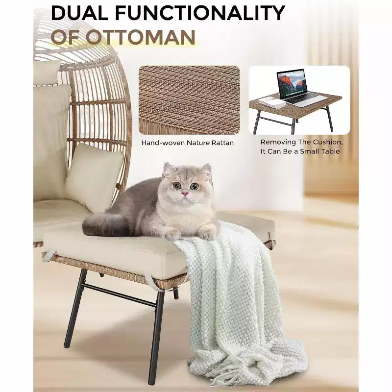 Poltrona a uovo in vimini oversize con pouf e 5 cuscini, sedia lounge in rattan per interni, esterni, patio e portico