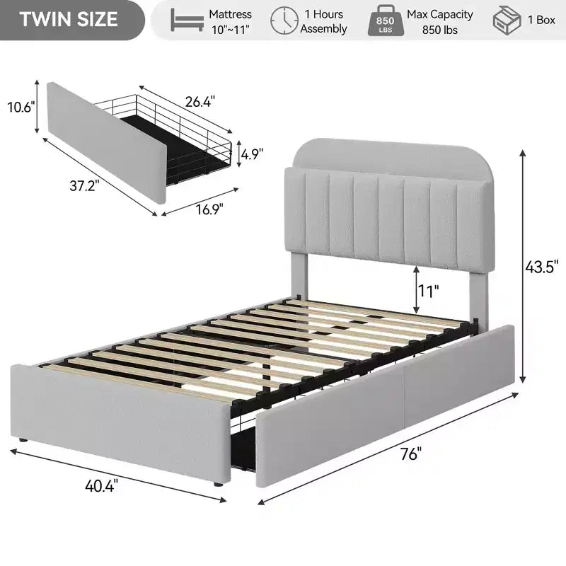 Boucle Twin Platform Bed with Bookshelf Headboard & Storage Drawers - Noise-Free Upholstered Youth Bed for Boys and Girls, No Box Spring Needed