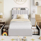 Boucle Twin Platform Bed with Bookshelf Headboard & Storage Drawers - Noise-Free Upholstered Youth Bed for Boys and Girls, No Box Spring Needed