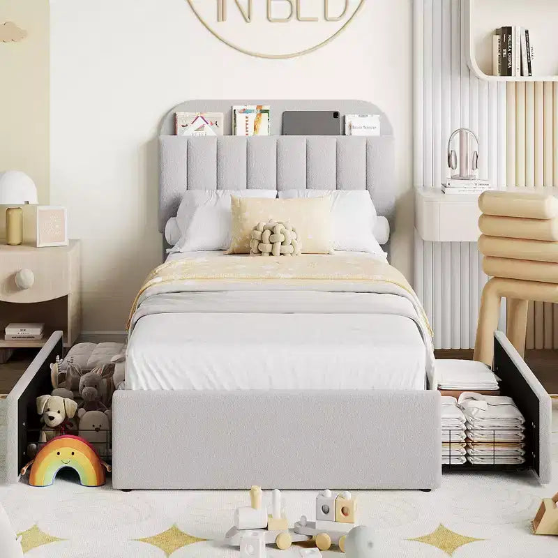 Boucle Twin Platform Bed with Bookshelf Headboard & Storage Drawers - Noise-Free Upholstered Youth Bed for Boys and Girls, No Box Spring Needed