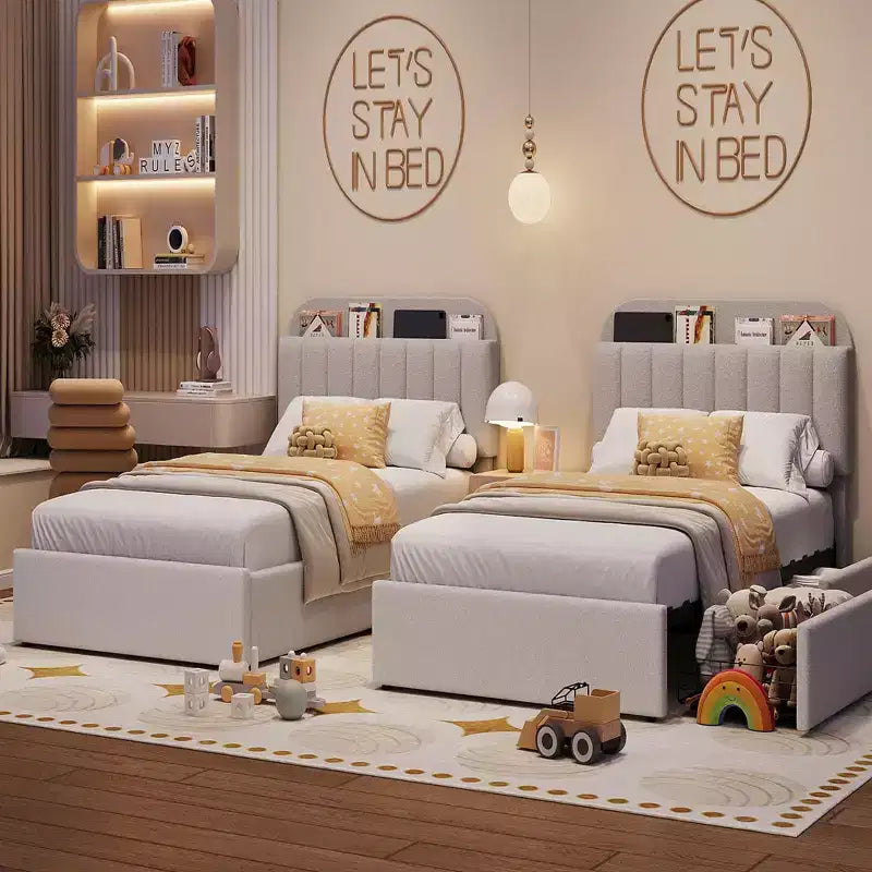 Boucle Twin Platform Bed with Bookshelf Headboard & Storage Drawers - Noise-Free Upholstered Youth Bed for Boys and Girls, No Box Spring Needed