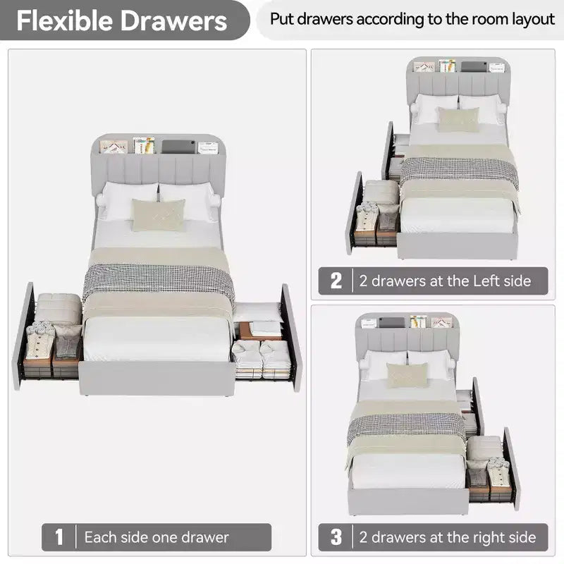 Boucle Twin Platform Bed with Bookshelf Headboard & Storage Drawers - Noise-Free Upholstered Youth Bed for Boys and Girls, No Box Spring Needed