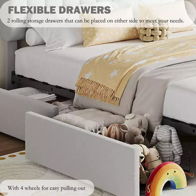 Boucle Twin Platform Bed with Bookshelf Headboard & Storage Drawers - Noise-Free Upholstered Youth Bed for Boys and Girls, No Box Spring Needed