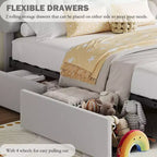 Boucle Twin Platform Bed with Bookshelf Headboard & Storage Drawers - Noise-Free Upholstered Youth Bed for Boys and Girls, No Box Spring Needed