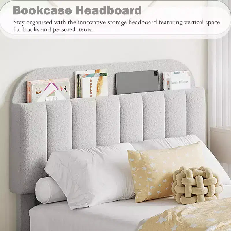 Boucle Twin Platform Bed with Bookshelf Headboard & Storage Drawers - Noise-Free Upholstered Youth Bed for Boys and Girls, No Box Spring Needed