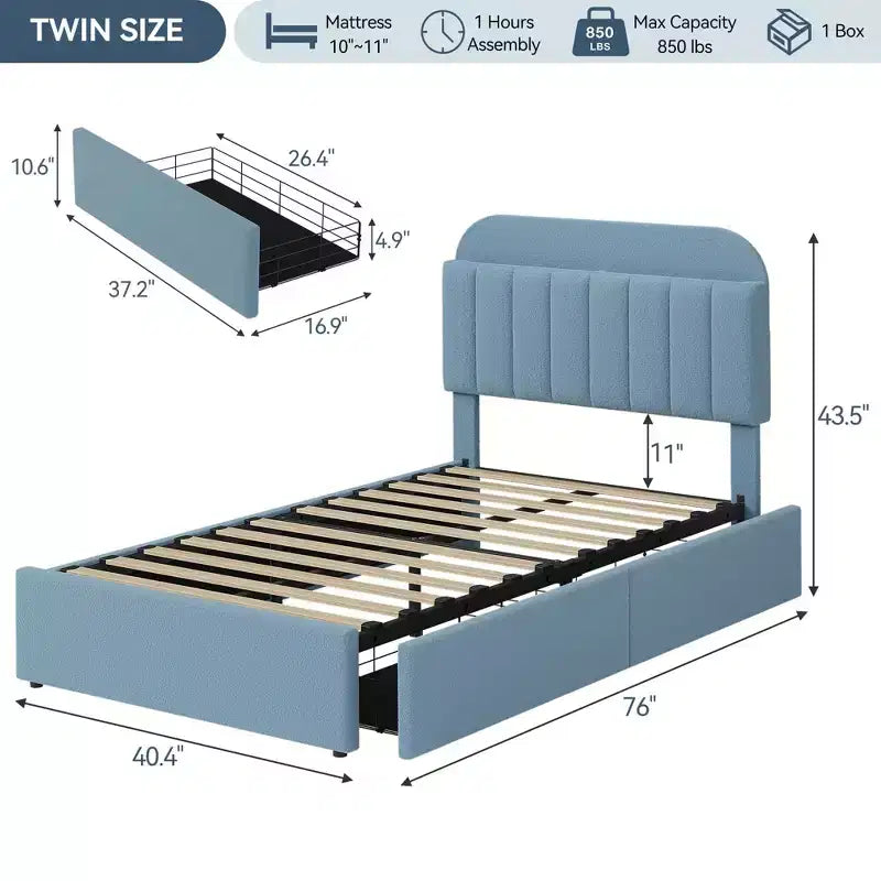 Boucle Twin Platform Bed with Bookshelf Headboard & Storage Drawers - Noise-Free Upholstered Youth Bed for Boys and Girls, No Box Spring Needed