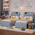 Boucle Twin Platform Bed with Bookshelf Headboard & Storage Drawers - Noise-Free Upholstered Youth Bed for Boys and Girls, No Box Spring Needed