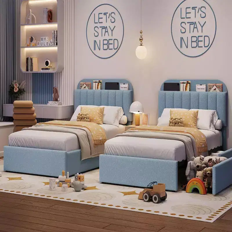 Boucle Twin Platform Bed with Bookshelf Headboard & Storage Drawers - Noise-Free Upholstered Youth Bed for Boys and Girls, No Box Spring Needed