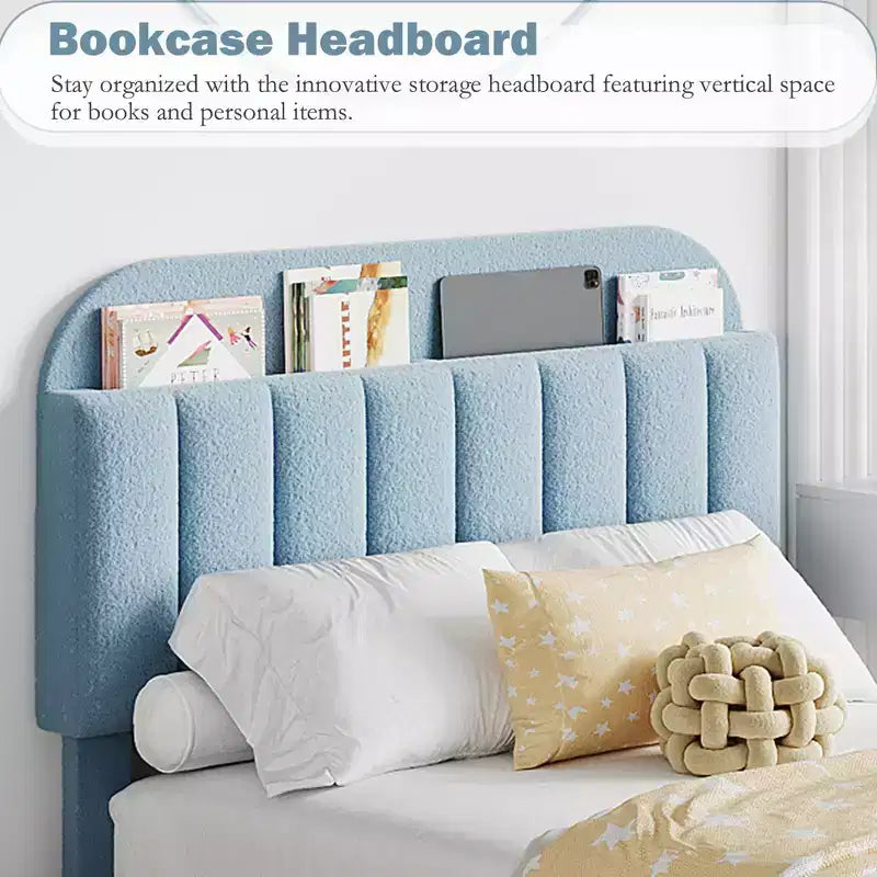 Boucle Twin Platform Bed with Bookshelf Headboard & Storage Drawers - Noise-Free Upholstered Youth Bed for Boys and Girls, No Box Spring Needed