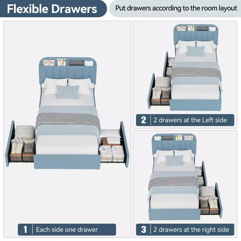 Boucle Twin Platform Bed with Bookshelf Headboard & Storage Drawers - Noise-Free Upholstered Youth Bed for Boys and Girls, No Box Spring Needed