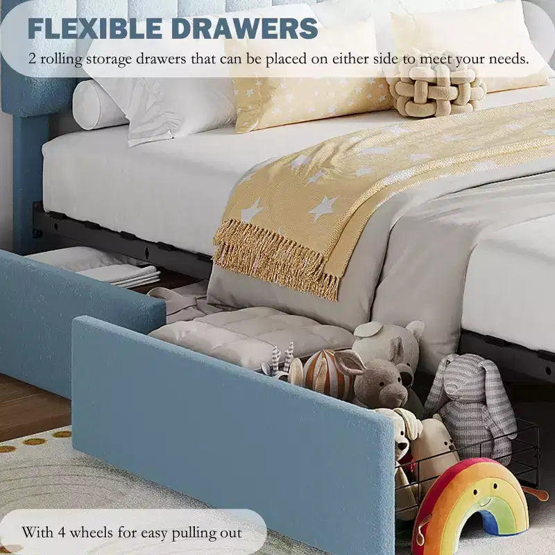 Boucle Twin Platform Bed with Bookshelf Headboard & Storage Drawers - Noise-Free Upholstered Youth Bed for Boys and Girls, No Box Spring Needed
