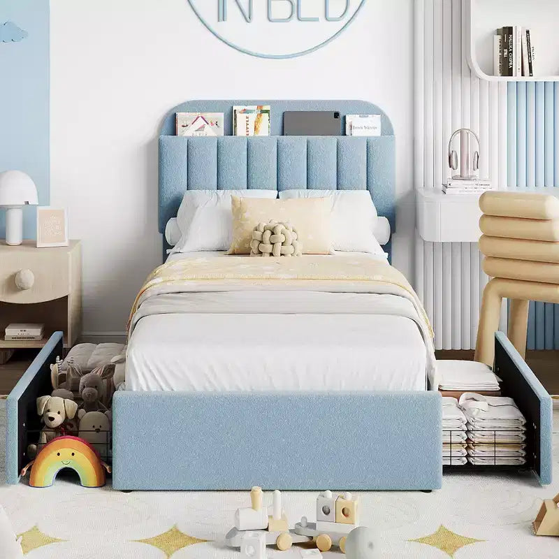 Boucle Twin Platform Bed with Bookshelf Headboard & Storage Drawers - Noise-Free Upholstered Youth Bed for Boys and Girls, No Box Spring Needed