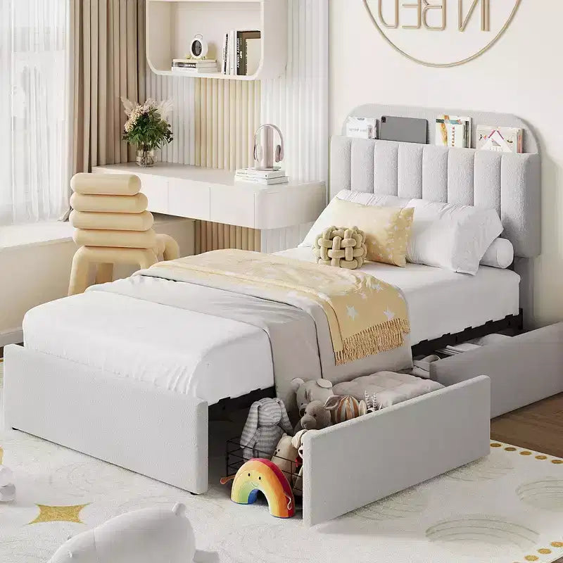Boucle Twin Platform Bed with Bookshelf Headboard & Storage Drawers - Noise-Free Upholstered Youth Bed for Boys and Girls, No Box Spring Needed