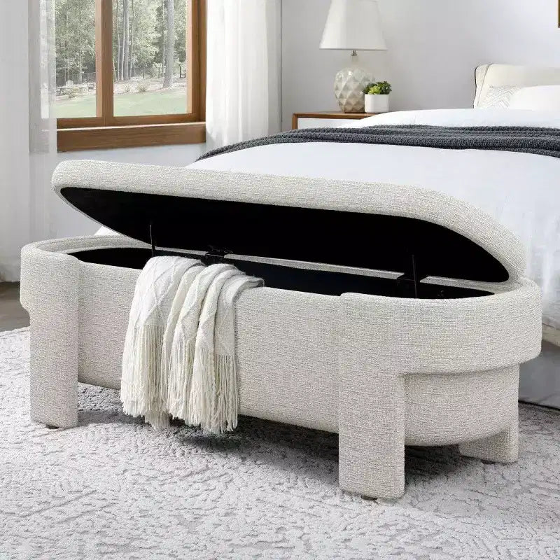 Panca contenitore ovale TUYOHW, panca ottomana da 51,5 pollici in lino per fondo letto, ottomana per soggiorno, camera da letto, ingresso