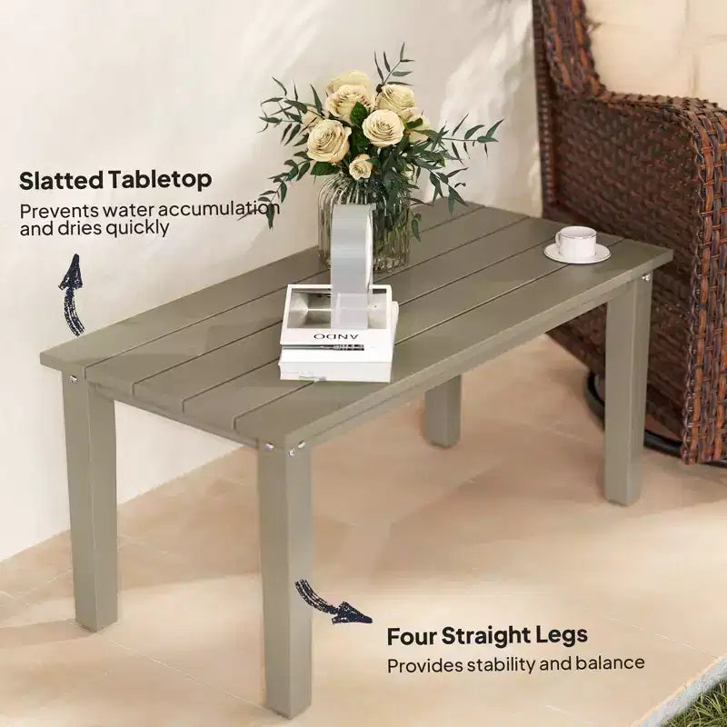 Rectangle Outdoor Coffee Table, HDPE All-Weather Outdoor Patio Table with Slatted Tabletop for Yard, Balcony