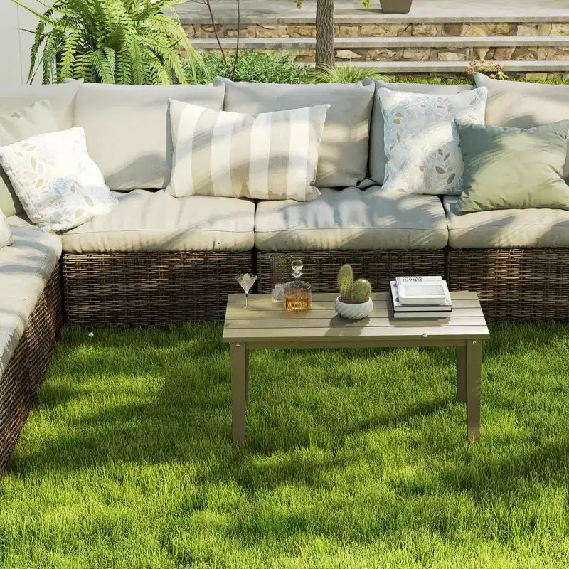 Rectangle Outdoor Coffee Table, HDPE All-Weather Outdoor Patio Table with Slatted Tabletop for Yard, Balcony