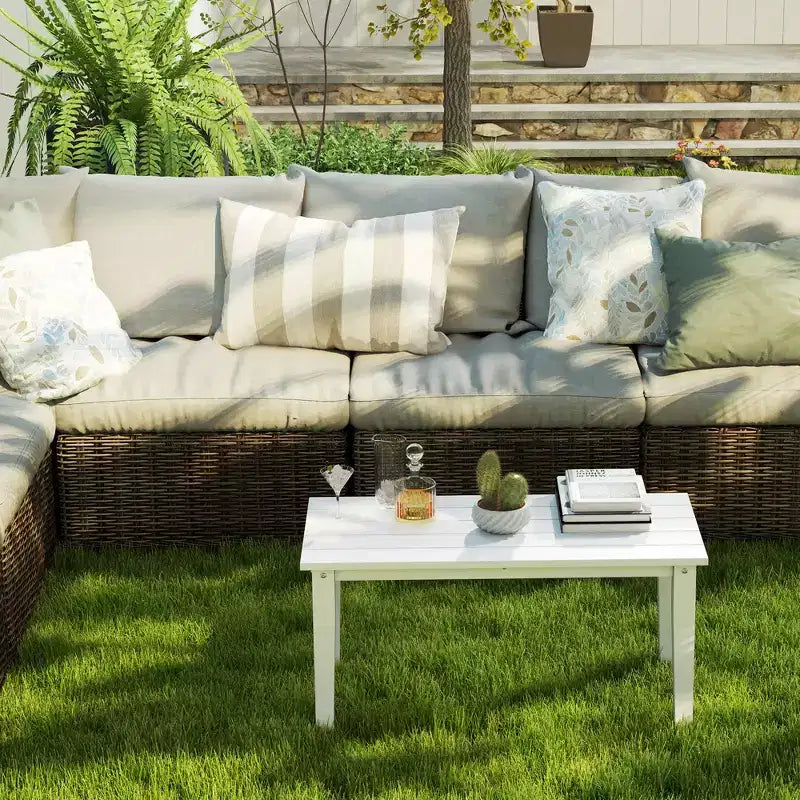 Rectangle Outdoor Coffee Table, HDPE All-Weather Outdoor Patio Table with Slatted Tabletop for Yard, Balcony