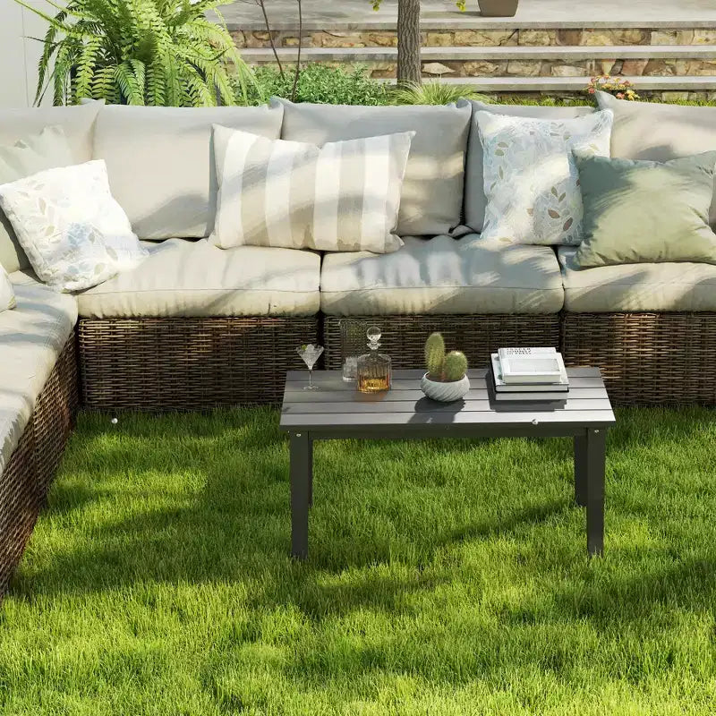 Rectangle Outdoor Coffee Table, HDPE All-Weather Outdoor Patio Table with Slatted Tabletop for Yard, Balcony
