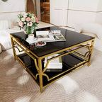 Modern Glass Coffee Table with Lower Shelf, Square Gold Center Table with Storage for Living Room