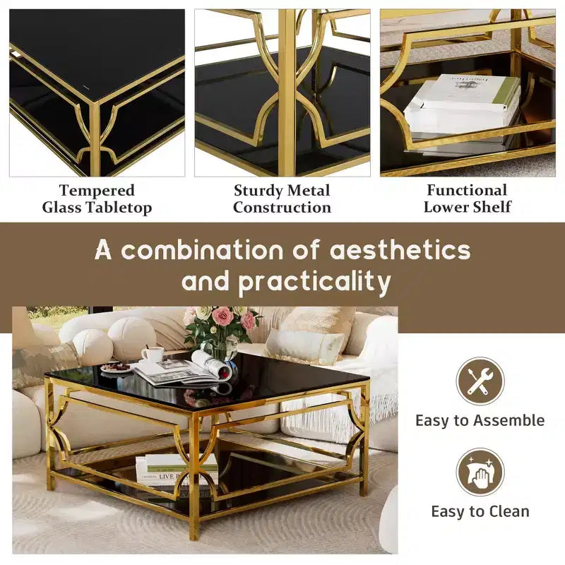 Modern Glass Coffee Table with Lower Shelf, Square Gold Center Table with Storage for Living Room
