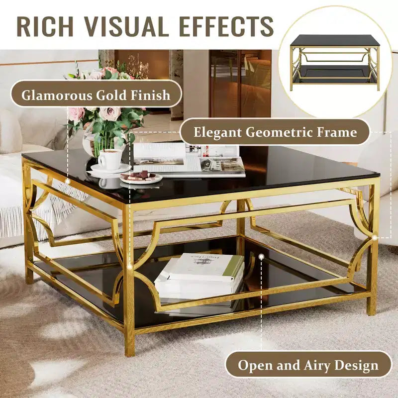 Modern Glass Coffee Table with Lower Shelf, Square Gold Center Table with Storage for Living Room