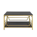 Modern Glass Coffee Table with Lower Shelf, Square Gold Center Table with Storage for Living Room