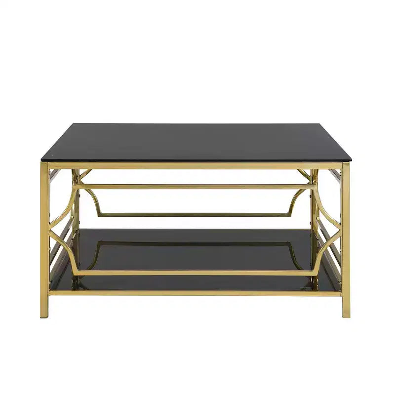 Modern Glass Coffee Table with Lower Shelf, Square Gold Center Table with Storage for Living Room