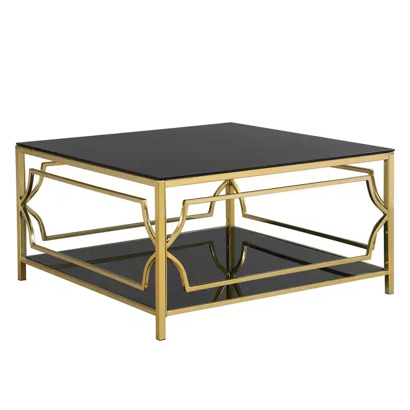Modern Glass Coffee Table with Lower Shelf, Square Gold Center Table with Storage for Living Room