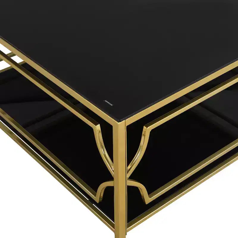Modern Glass Coffee Table with Lower Shelf, Square Gold Center Table with Storage for Living Room