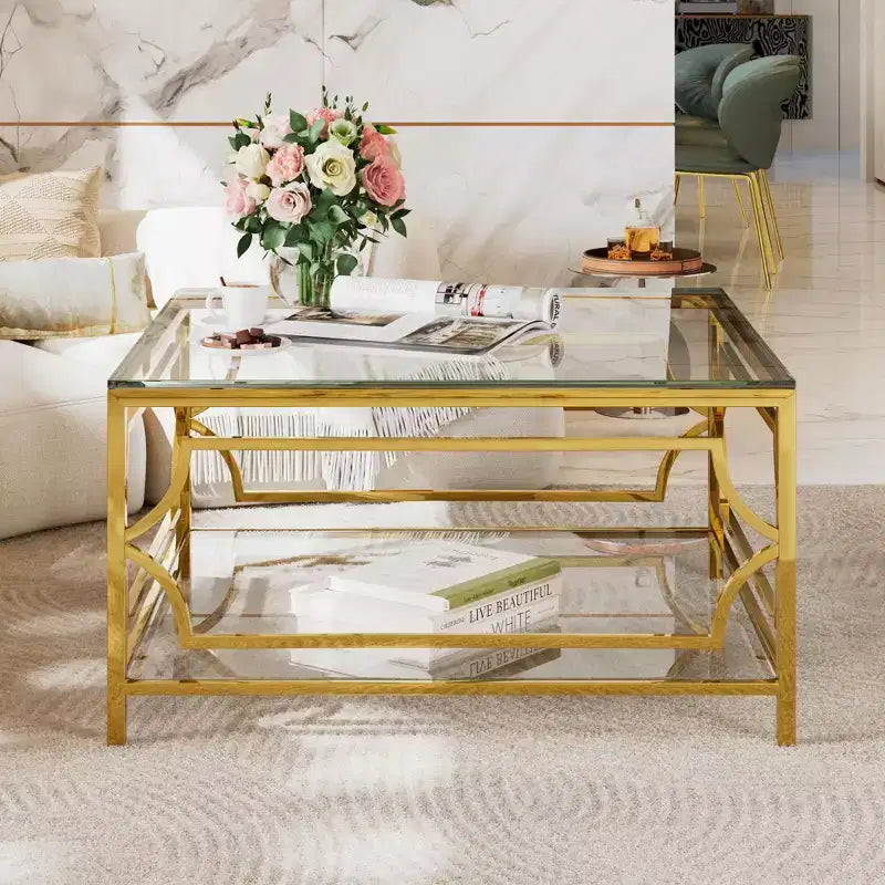 Modern Glass Coffee Table with Lower Shelf, Square Gold Center Table with Storage for Living Room