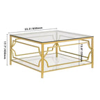 Modern Glass Coffee Table with Lower Shelf, Square Gold Center Table with Storage for Living Room